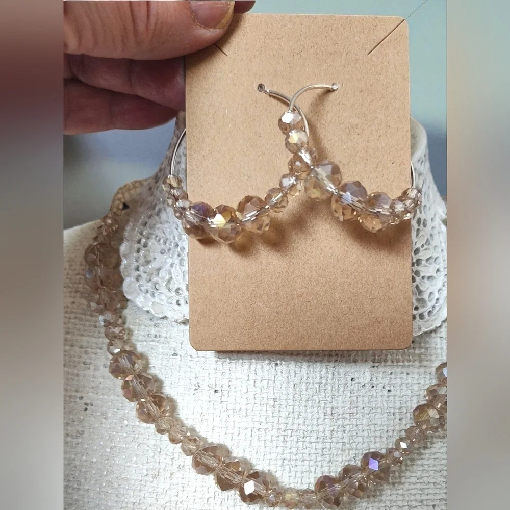 Elegant Champagne Crystal Beaded Necklace and Earring Set